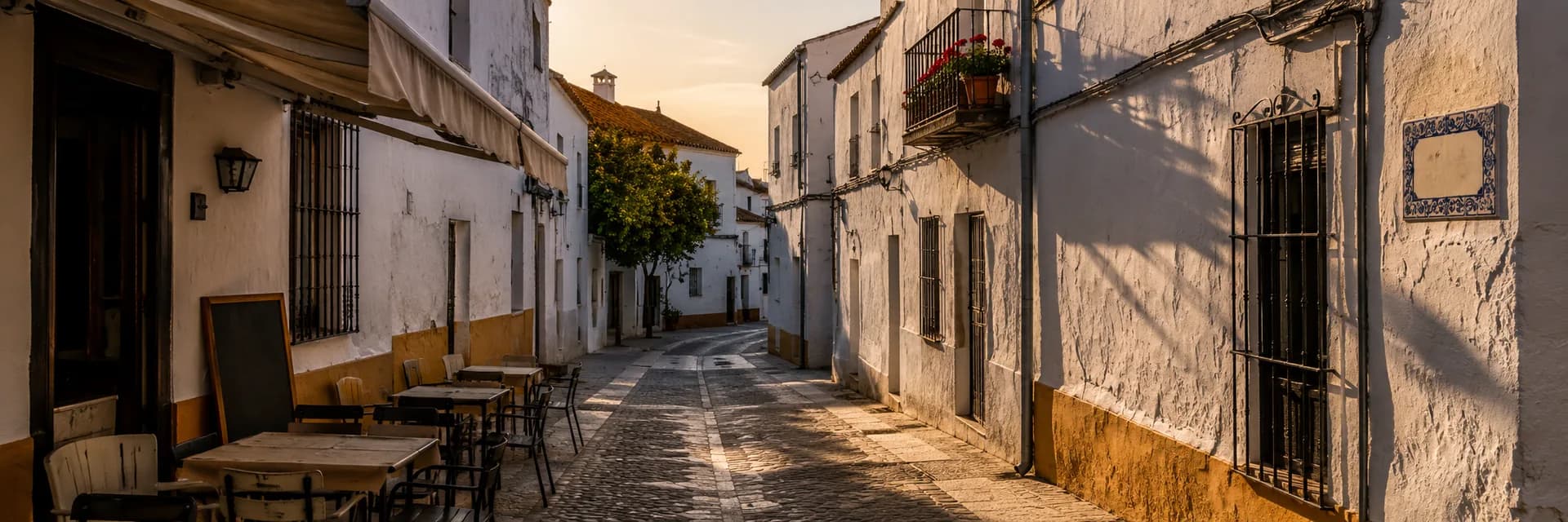Calle de un pueblo blanco al atardecer